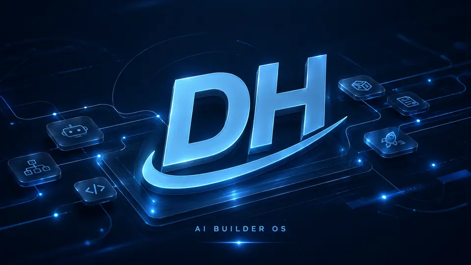 Glowing DH monogram labeled AI Builder OS.