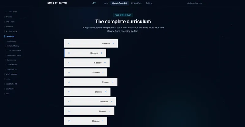 AI Workflow System curriculum page listing modules with lesson counts in a sidebar layout.
