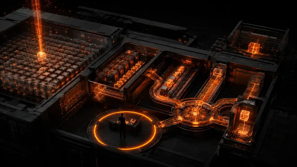 Illuminated orange architecture of rooms and pathways, representing Cade's memory structure.