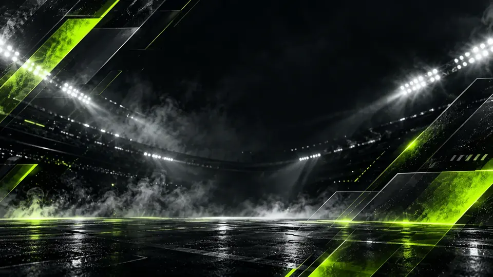 An empty stadium under floodlights with lime accents.