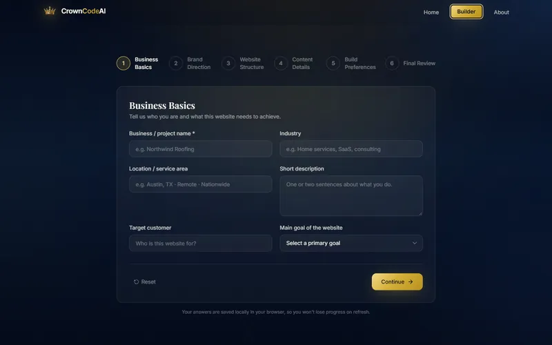CrownCode intake wizard on step one, Business Basics, with fields for business name, industry, and target customer.