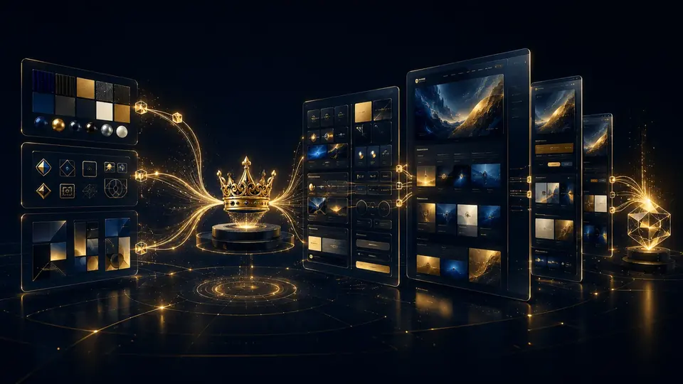 A crown linked to a sequence of generated website screens.