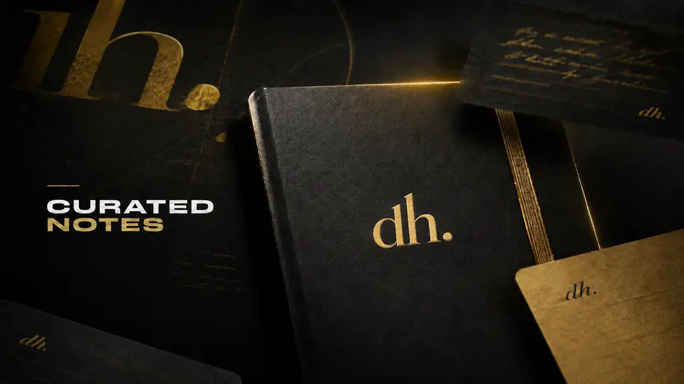 A dark notebook embossed with a gold dh mark beside the Curated Notes wordmark.
