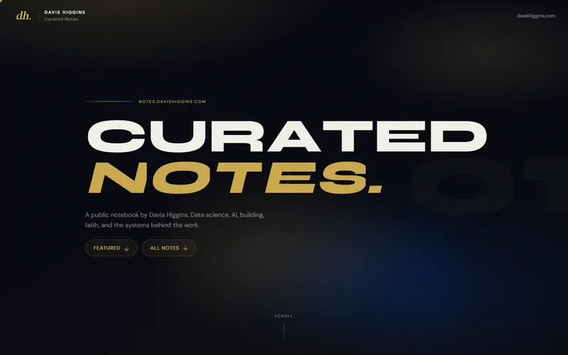 Curated Notes homepage with the Curated Notes wordmark and featured and all-notes links.