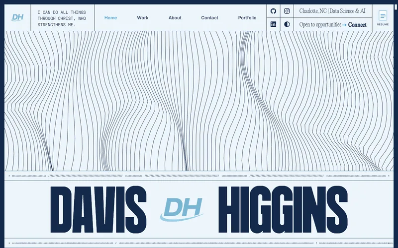 davishiggins.com homepage with wave-line artwork above the Davis DH Higgins wordmark.