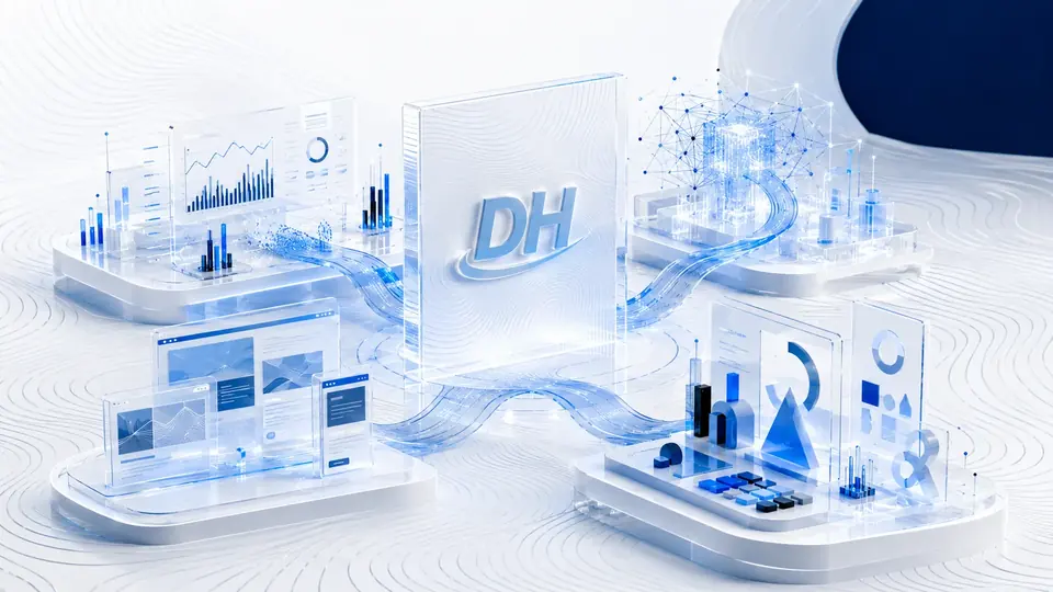 Floating dashboard panels and charts around the DH monogram.
