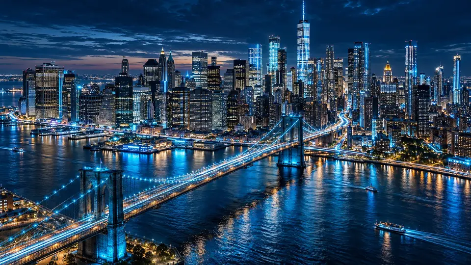 The New York City skyline and Brooklyn Bridge at night.