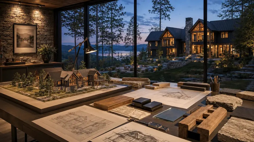 An architect's desk with a house model and plans, overlooking a finished home.