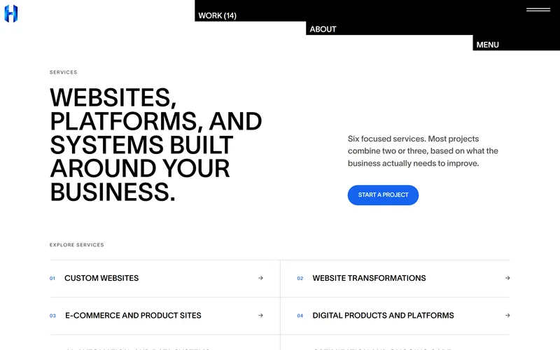 The Higgins Digital Services page: Websites, platforms, and systems built around your business, with a Start a project button and a numbered list of services.