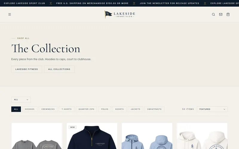 Lakeside Sport Club collection page with category filters and product cards.