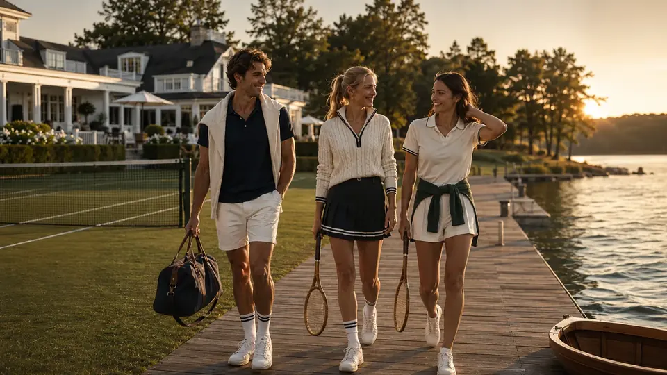 Three people in Lakeside apparel walking along a lakeside dock.