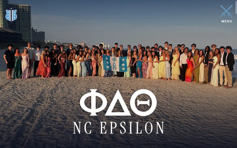Chapter site homepage: members on a beach with the Phi Delta Theta letters and NC Epsilon.