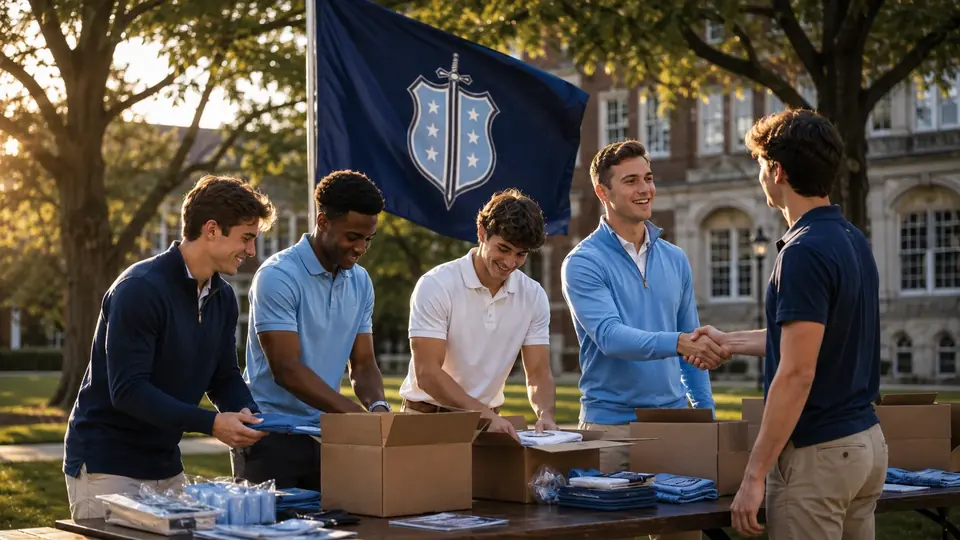Chapter members at an outdoor table beneath a Phi Delta Theta flag.