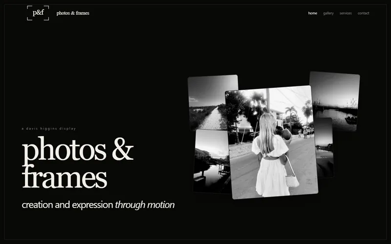 photos & frames homepage with black-and-white photographs in an animated stack.