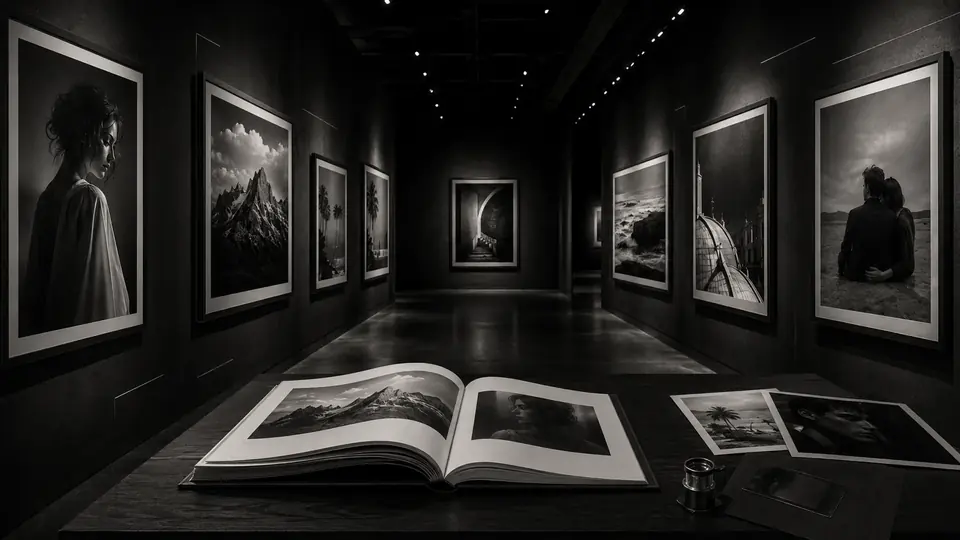 A dark gallery hall lined with framed black-and-white photographs.
