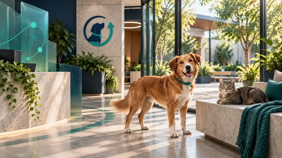 A dog and cat in a sunlit shelter space with the SecondChance logo.